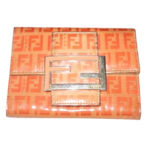 Fendi Small F Logo Orange Taupe Patent Wallet - Picture 1 of 12